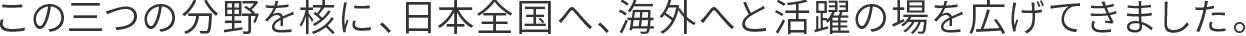 この三つの分野を核に、日本全国へ、海外へと活躍の場を広げてきました。